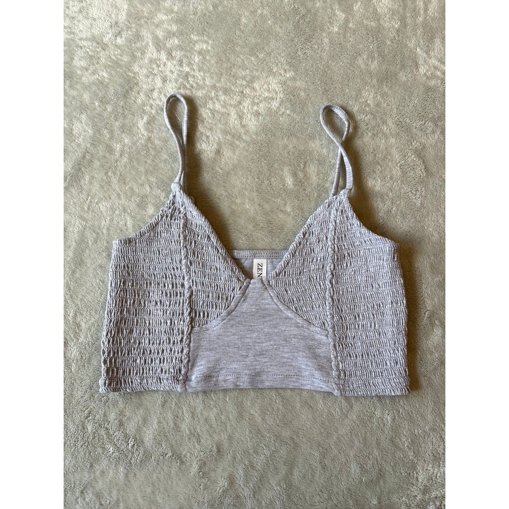 Crop top bralette vneck light grey adjustable spaghetti strap shirring layering